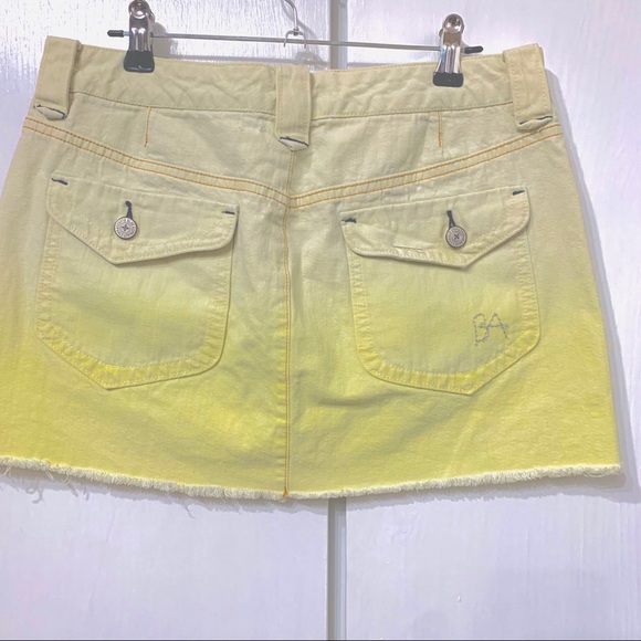 YELLOW TIE DYE DISTRESSED DENIM MINI SKIRT OMBRE SLANT POCKETS RAW HEM - Picture 7 of 11